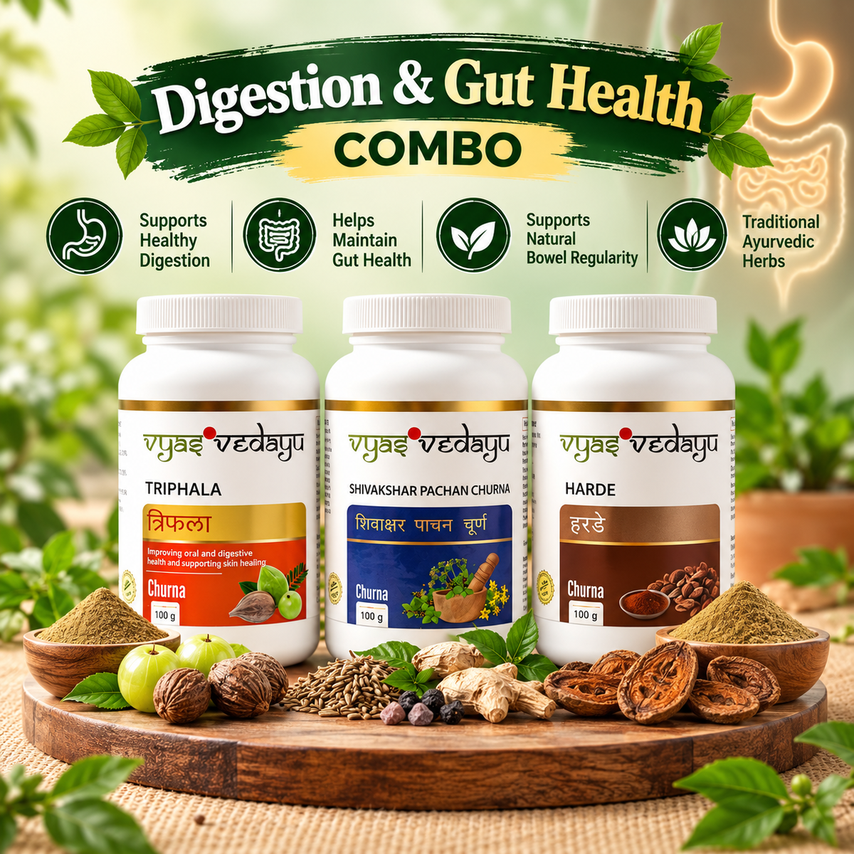 VyasVedAyu Digestion & Gut Health Combo | Triphala, Shivakshar Pachan & Harde Churna | Ayurvedic Digestive Wellness | Pack of 3 (100g Each)