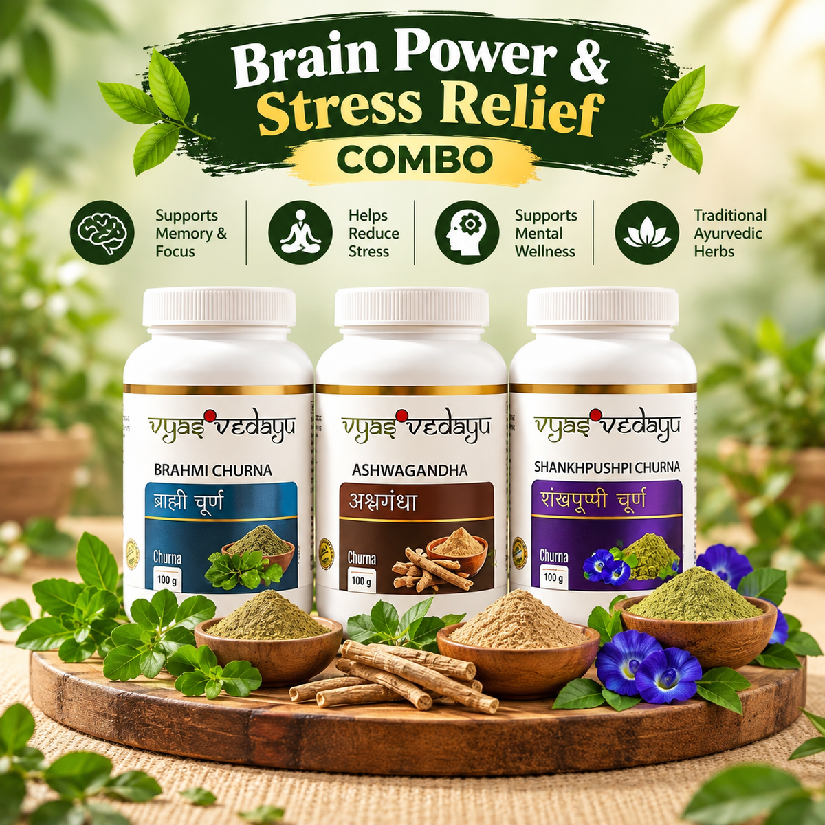 VyasVedAyu Brain Power & Stress Relief Combo | Brahmi, Ashwagandha & Shankhpushpi Churna | Ayurvedic Mind Wellness | Pack of 3 (100g Each)