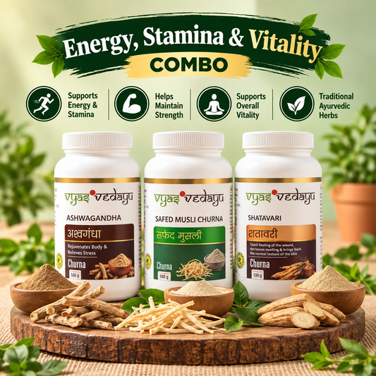 VyasVedAyu Energy, Stamina & Vitality Combo | Ashwagandha, Safed Musli & Shatavari Churna | Ayurvedic Strength & Wellness | Pack of 3 (100g Each)